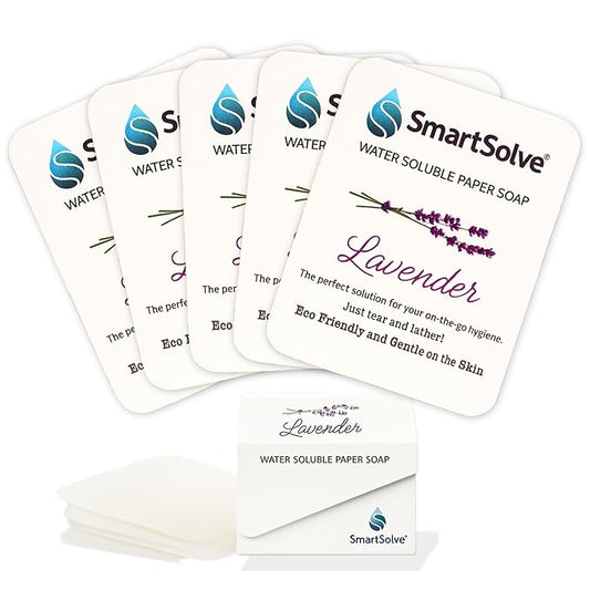 Lavender Scented Soap Sheets (Pack of 5, 50 sheets) - Eco-Friendly, Water-Soluble, Biodegradable, TSA-Friendly Travel Pocket Hand Wash | Cruelty-Free, Alcohol-Free, Gentle on Skin,