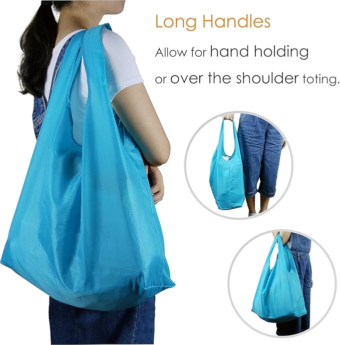 BeeGreen Light Blue Reusable Grocery Bags with Zipper Storage Pouch 10 Packs Blue Reusable Shopping Bags Bulk with Elastic Band Foldable-Machine Washable