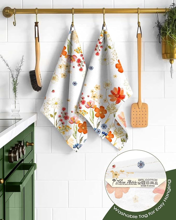 Flour Sack Kitchen Towels Set of 2-18x26 Cotton Dish Towels with Hanging Loop Reusable Tea Towel for Cleaning Spring Absorbent Dishcloths Cute Home Decor Housewarming, Red Flower