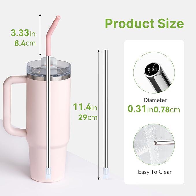 Metal Straw Reusable for Stanley 30 OZ Tumbler, 2 Pcs Long Stainless Steel Drinking Straws with Silicone Tip for STANLEY Quencher 30 oz Cups, 1 Straw Brush, BPA Free Dishwasher Safe(Sky Blue)