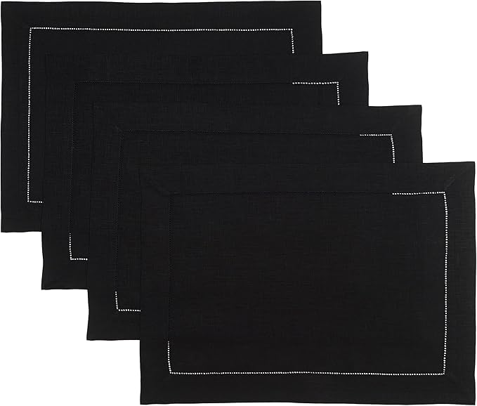 D'Moksha Homes Linen Placemats Set of 4 - Classic Hemstitch Black Placemats 14 x 19 Inch - 100% Pure Linen Table Mats for Winter, Christmas, Holiday - Handcrafted and Machine Washable