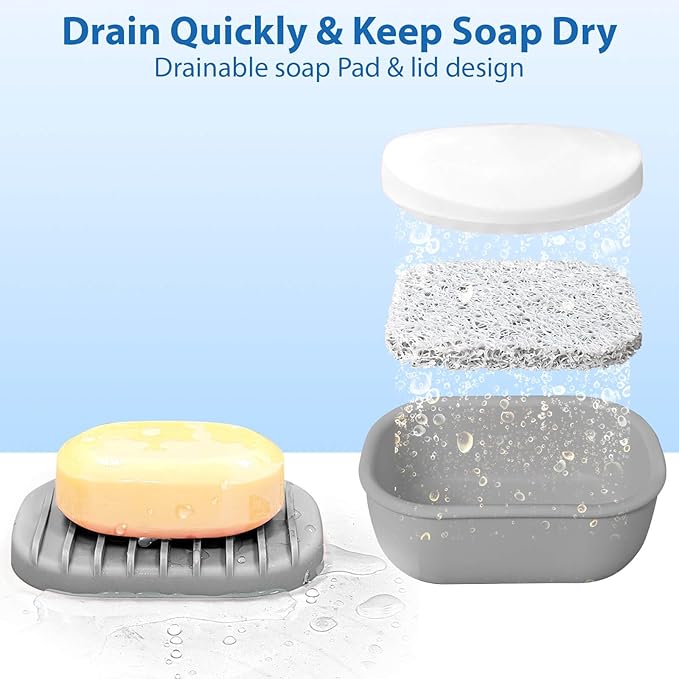 Leakproof Silicone Travel Soap Case with Drainage Layer, Silicone Bar Soap Holder Compact Portable Shatterproof Soap Container Box for Bathroom Gym Camp Travel Toiletries (Gray, Drainage Lid)