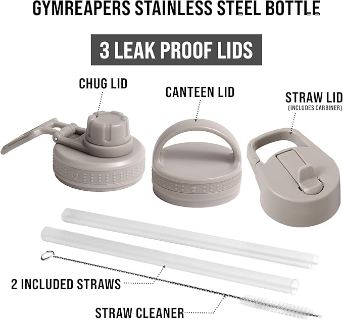 Gymreapers Insulated Water Bottle - Stainless Steel 32 Oz, 3 lids (Straw, Chug, Canteen), Double Walled Vacuum Insulation, Thermo Mug Cold Hot - Durable Powder Coated Finish