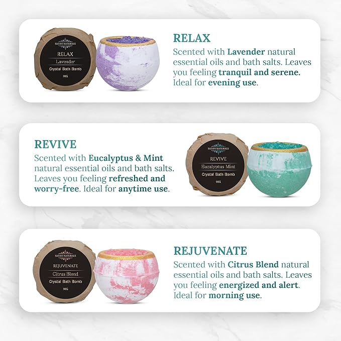 Crystal Bath Bombs Gift Set (6 Pack) – Aromatherapy Bath Bombs with Bath Salts. Lavender, Eucalyptus Mint & Citrus - Relaxation Gifts for Women, Self Care Gifts for Women & Men, Stocking Stuffers