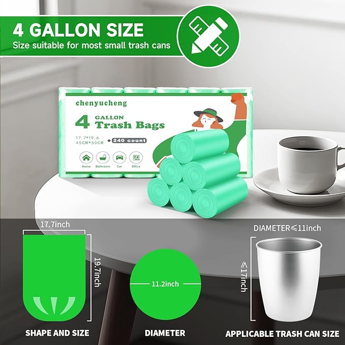 Small Trash Bags Bathroom 4 Gallon-Biodegradable - Green Garbage Bags 4 Gallon Compostable 240 Count Unscented Strong Kitchen Office Car Waste Basket Liners Thick Chenyucheng Bulk