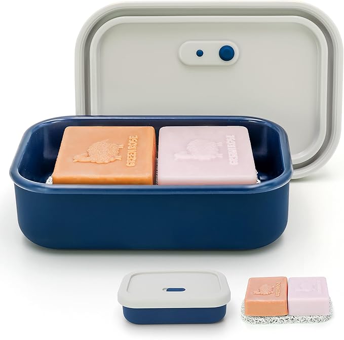 Enhanced Leak Proof Travel Case with Lid, Large Silicone Container for Traveling,Shampoo Bar Holder, Soap Dish with Draining Layer, Bar Soap Caddy (Offwhite & Blue)