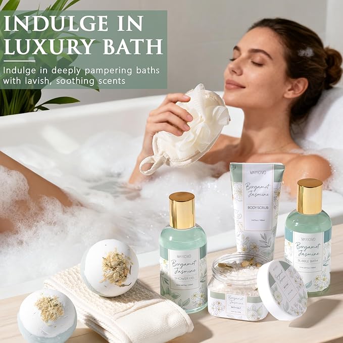 Christmas Birthday Gifts for Women, Bergamot Jasmine Relaxing Spa Gift Baskets for Women Self Care Package Bath Gift Set, Home Bath and Body Kit Pampering Gifts for Womens Mom Her Friends Sister Wife