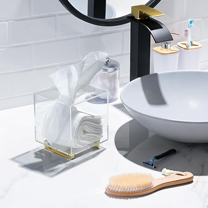 YoBa Thick Clear Acrylic Square Tissue Box Holder with Gold Plated Aluminum Legs for Bathroom, Kitchen, Bedroom, Office, Hotels and Restaurant