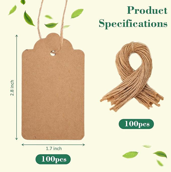 SallyFashion 100pcs Gift Tags with String Attached, 1.7 x 2.8 inch Kraft Paper Hang Tags for Clothes DIY Crafts Wedding Holiday (Brown)
