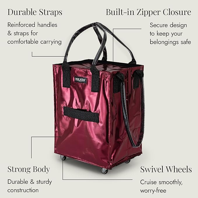 (Medium, Cosmic Red) Reusable Grocery Bag On Wheels, Shopping Trolley, Rolling Tote, Zipper Closure, Lightweight, Carries Up to 66 lb, Folds Flat, Unbreakable Handles