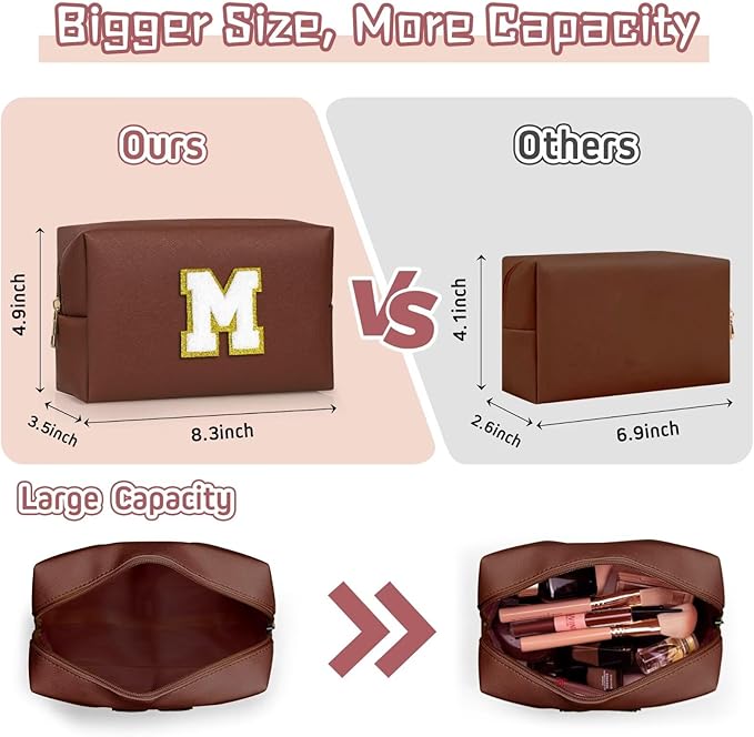 TOPEAST Initial Cosmetic Bag for Women, Preppy Small Makeup Bag, PU Leather Waterproof Toiletry Bag, Monogrammed Birthday Gifts for Women, Stuff for girls (Brown S)