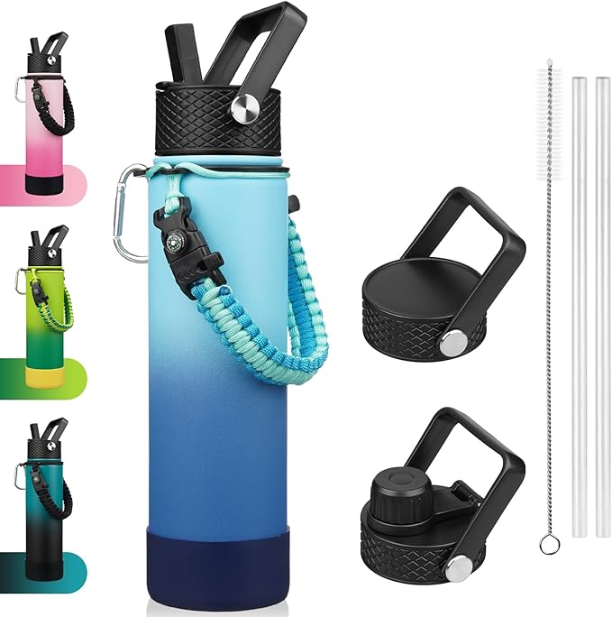 BJPKPK 27oz Insulated Water Bottles with 3 Lids, Paracord Handle & Non-slip Boot, Stainless Steel Metal Water Bottle with Straw, BPA Free Leak Proof Thermal Flasks, Tumblers,Sky