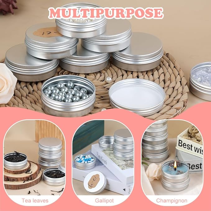 YQ 60 Pack 2oz Tins with Lids, Refillable Salve Tins, Thick 2 oz Tin with Labels, Screw Lid 2oz Tin, Aluminum Round Salve Containers, for Lotions, Balms, Salve, Candle(Silver)