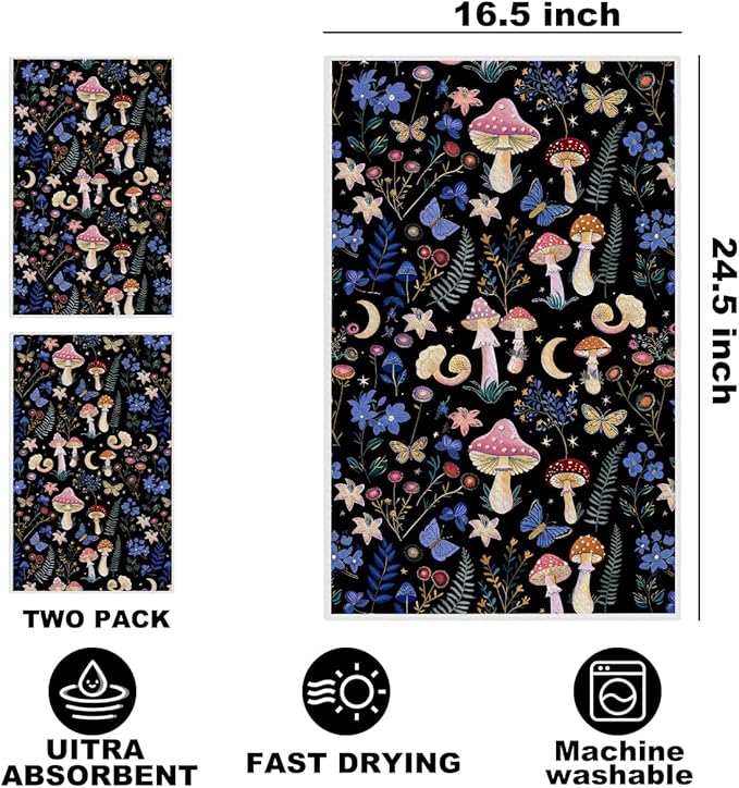 Jztco 2Pcs Boho Mushroom Kitchen Towels 24x14 Inch, Vintage Blue Floral Waffle Hand Towels for Kitchen Home Decor, Absorbent Microfiber Dish Cloth Tea Towel, Mushroom Gifts for Women Mom Grandma