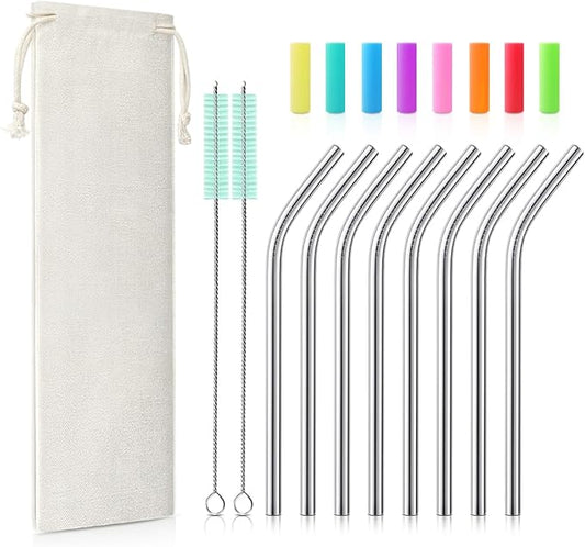 Teivio 8 Pack Short Stainless Steel Straws 6 inch Bent Metal Reusable Straws with Silicone Tips and Case, Cleaning Brush and Carry Bag for Cocktail Glasses, Small Cups