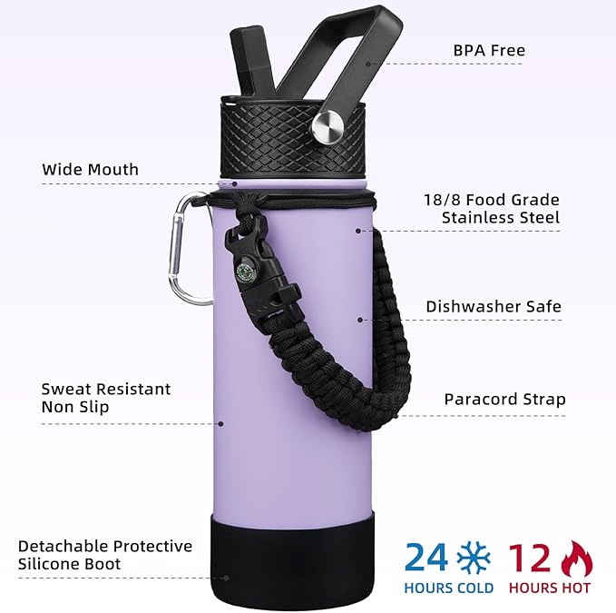 BJPKPK Insulated Water Bottle with Straw Lid, 22oz Thermal Flasks Water Bottles with 3 Lids, Paracord Handle & Non-slip Boot, BPA Free Leak Proof Stainless Steel Tumblers,Lavender