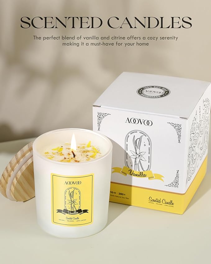 AOOVOO Vanilla Scented Candles for Women - Aromatherapy Candle with Crystals Inside, 10oz Soy Candles for Home Scented, Birthday Gifts Christmas Candle for Women Mom