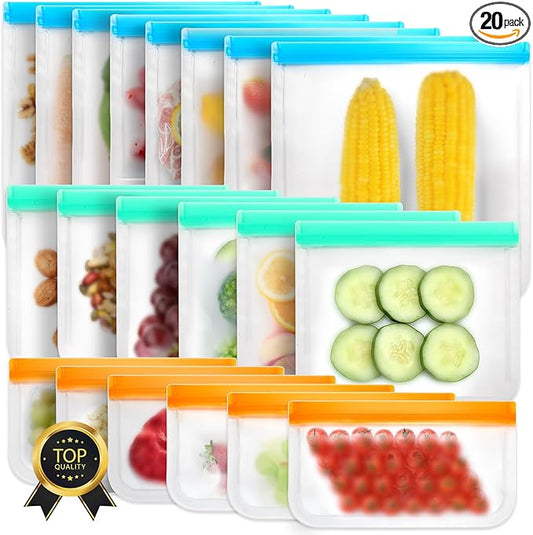 20 Pack Reusable Silicone Freezer Bags - Leakproof Food Storage Bag - Safe Sealable Snack Bags - Large Keep Fresh Sandwich Bags for Milk Bread Fruit Vegetable Meat Cookie