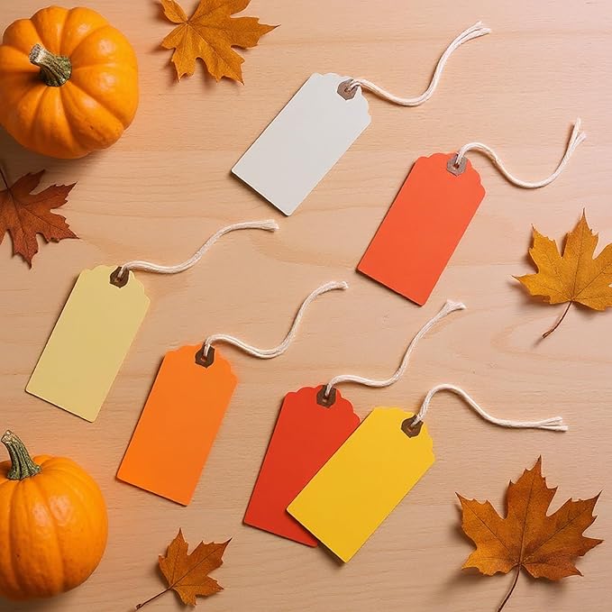 Outus 60 Pcs 4 3/4-in x 2 3/8-in Blank Large Paper Gift Tags with String and Reinforced Eyelet Wire Writable Price Tags Shipping Labels Inventory Labels(Orange)