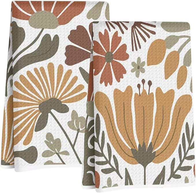Jztco 2 Pcs Boho Floral Kitchen Towels 24x14 Inch, Boho Style Vintage Flower Waffle Hand Towels for Kitchen Home Decor, Absorbent Microfiber Dish Cloth Tea Towel, Home Gifts for Women Mom Grandma