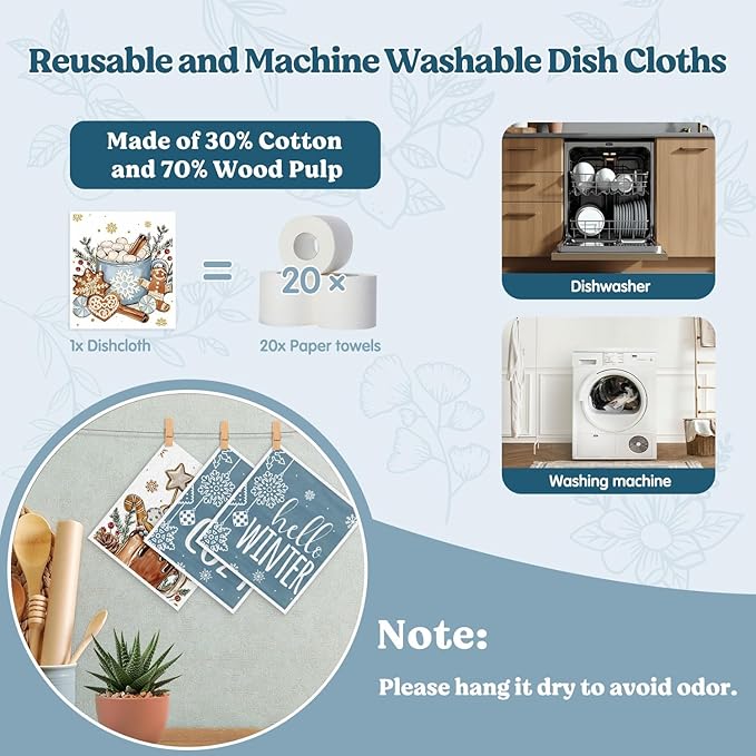 Christmas Swedish Dishcloths for Kitchen, Winter Xmas Snowman Blue Kitchen Dish Towels for Washing Dishes, 4 Pack Reusable Paper Towels, Sponge Cloths for Home Party Housewarming Cleaning