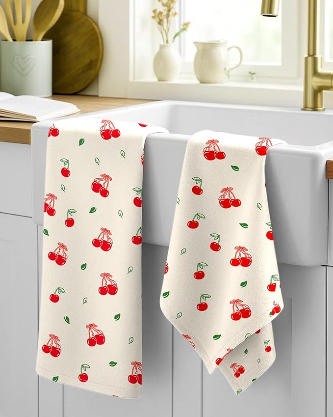 Flour Sack Kitchen Towels Set of 2-18x26 Cotton Dish Towels with Hanging Loop Reusable Tea Towel for Cleaning Spring Absorbent Dishcloths Cute Home Decor Housewarming, Bow Cherry