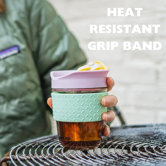 Travel Mug Loose Tea Infuser - Detachable Tea Strainer with Spillproof Lid - BPA-Free Reusable Glass Travel Coffee Cup with Silicone Band (Ice Cream, 12oz)