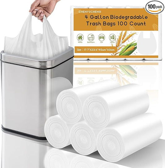 4 Gallon Biodegradable Trash Bags With-Handles - White 4 Gal Small Garbage Bags For Bathroom Can 100 Count 15 Liter Compostable Mini Waste Basket Liners Kitchen Office Car Strong Chenyucheng