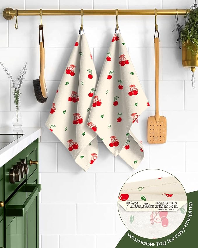 Flour Sack Kitchen Towels Set of 2-18x26 Cotton Dish Towels with Hanging Loop Reusable Tea Towel for Cleaning Spring Absorbent Dishcloths Cute Home Decor Housewarming, Bow Cherry