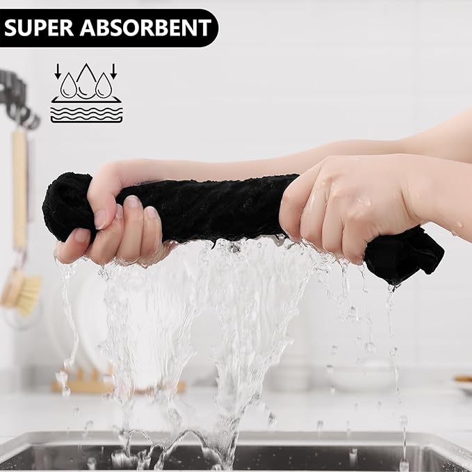 Fintale 100% Cotton Kitchen Towels and Dishcloths Set, 12 x 12 & 15 x 25 Inches, Set of 12 Bulk Super Soft and Absorbent Terry Cloth Dish Towels, Quick Drying Hand Towels with Hanging Loop, Black
