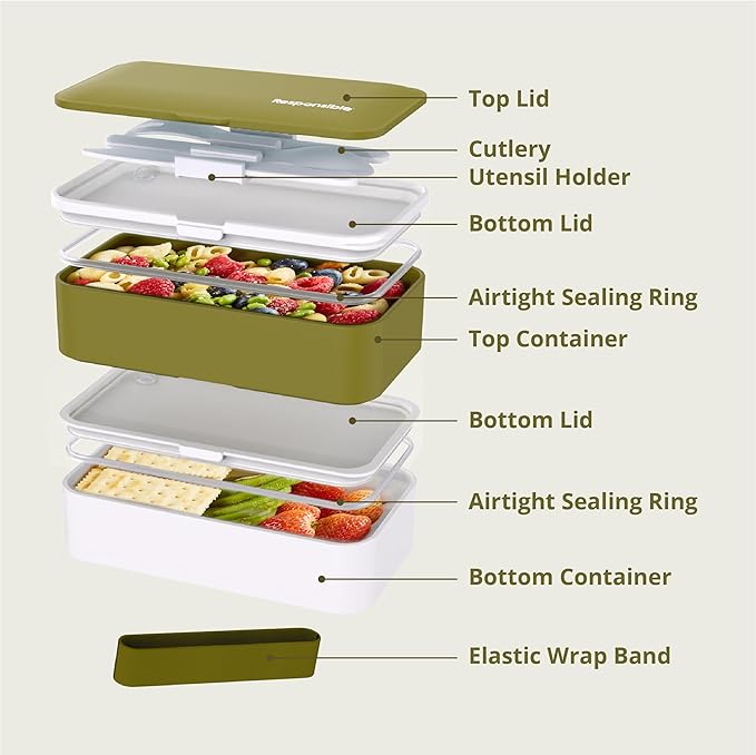 Responsible Products Leak Resistant Bento Box with Tableware for Adult - Teens, Insulated Lunch Box for Women - Men - Girls - Boys, BPA Free, Dishwasher Safe, Microwave Safe, Freezer Safe, 46 oz