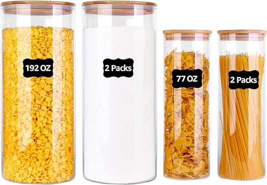 Glass Food Storage Jars, Food Containers with Airtight Bamboo Lids for Pasta, Cookies, Nuts, Coffee Beans, Cereal, Glass Canisters for Kitchen, Pantry Organization,Set of 4