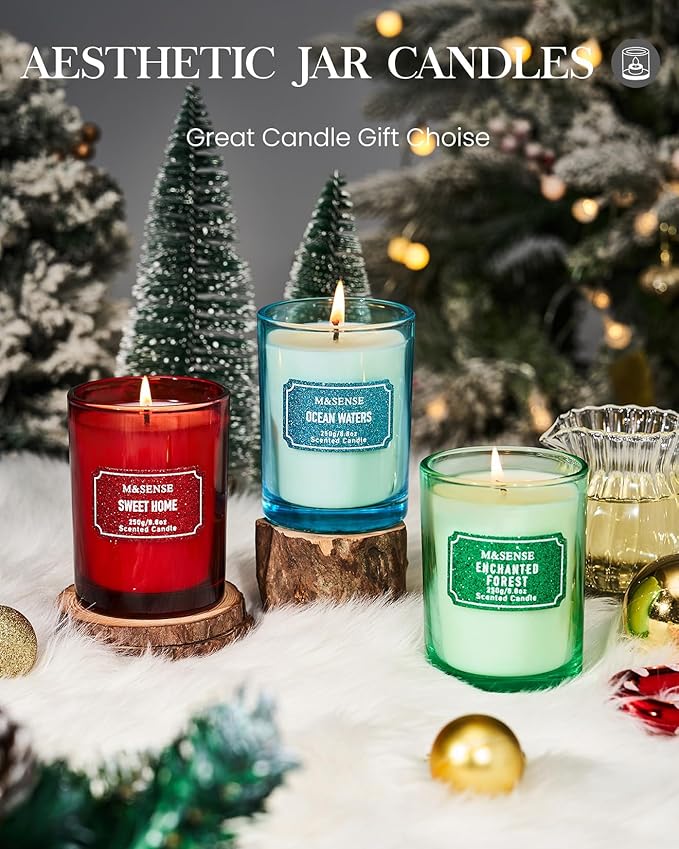 M&SENSE Sandalwood Jasmine Scented Candles, Classic Size 8.8 oz Glitter Jar Candle, Holiday Natural Candles Gifts for Women, 50 Hours Long Burning Candle for Winter Home Decor