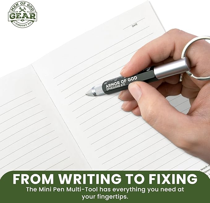 5-in-1 Mini Multitool Pen - Armor of God, Eph 6:11 Scripture - Dual Sided Mini Tool Keychain w/Ball Point Pen, Cm Ruler, Screwdriver Bits & More - Christian Pocket Tools For Men