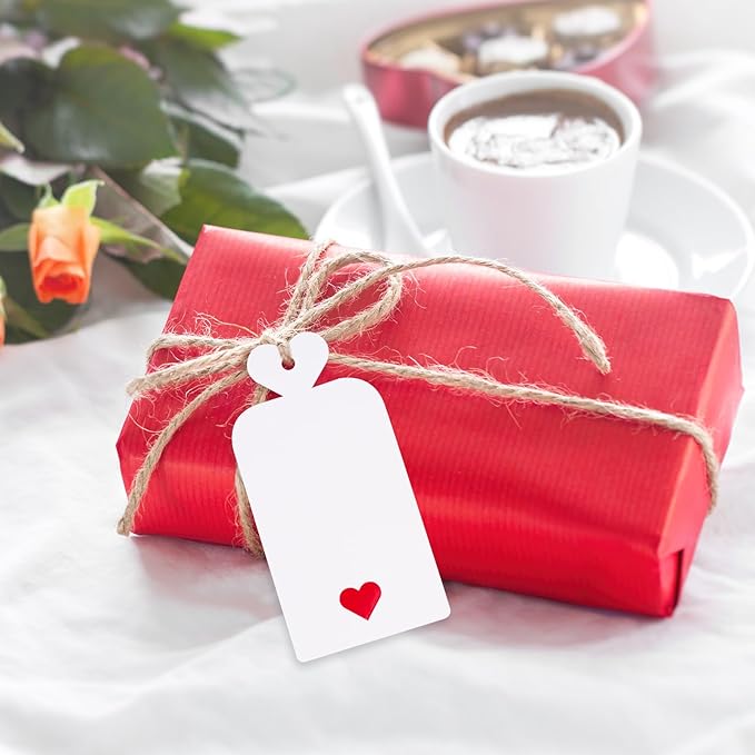 joycraft 100pcs Blank Gift Tags with String, 4x2 in White Paper Tags with Foil Red Heart, Personalized Gift Wrapping Labels for Birthday, Baby Shower, Wedding, Valentine's Day