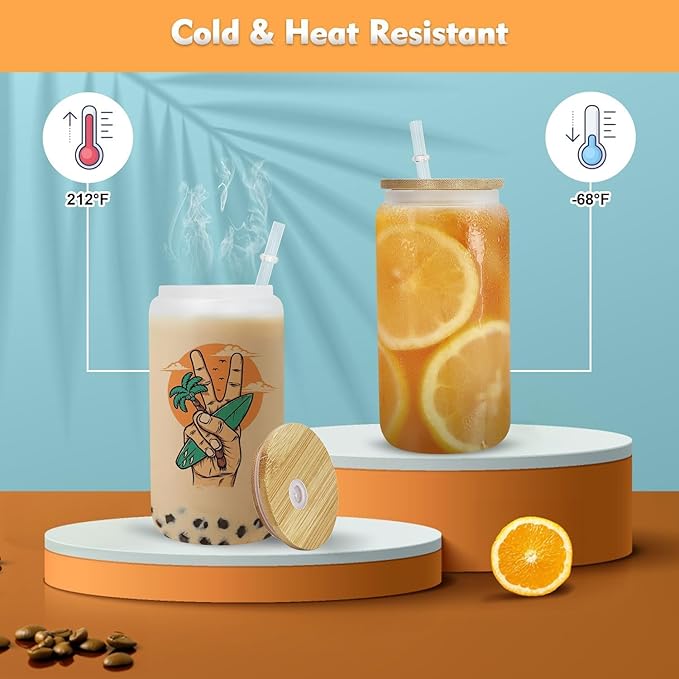 AGH Sublimation Glass Cup with Bamboo Lids and Straws 16oz Blanks Can Shaped Drinking Glasses 12Pack Frosted Beer cup for Iced Coffee, Milk, Juice.