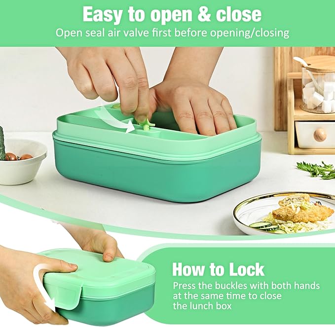 Caperci Bento Lunch Box for Kids - 5.8 Cups Stackable Leakproof Bento Box Adult Lunch Box with Sauce Container - Idea for School, On-the-go, Built-in Utensil Set, BPA Free (Green)