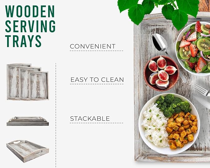 Comfify Serving Trays Set of 3 - Ottoman Wood Trays for Entertainment, Food and Decor - Rustic Farmhouse Distressed Wood Finish - Rustic White