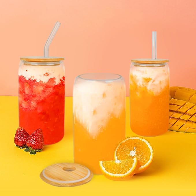 Drinking Glasses with Bamboo Lids and Glass Straw 4 pcs set,16oz Glass Cups with Lids and Straws,Iced Coffee Glasses,Cute Tumbler Cups for Soda,Coffee Cups
