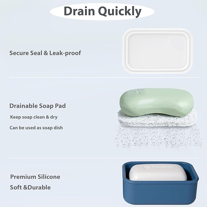 MtBoi 2PC Portable Leakproof Travel Soap Case, Silicone Travel Soap Case, Compact Soap Holder with Drainage Layer, Travel Soap Holder for Camping, Gym, Outdoor White&DarkBlue
