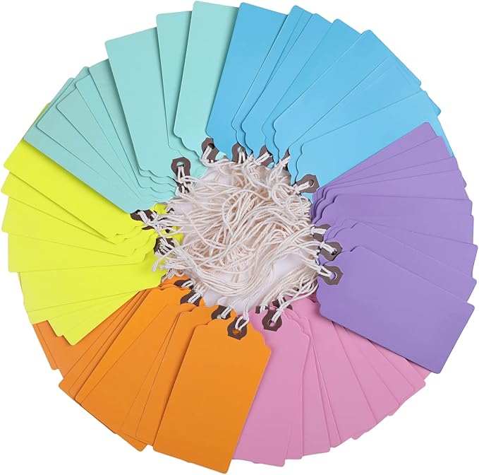 Outus 60 Pcs 4 3/4-in x 2 3/8-in Blank Large Paper Gift Tags with String and Reinforced Eyelet Wire Writable Price Tags Shipping Labels Inventory Labels(Macaron Color)