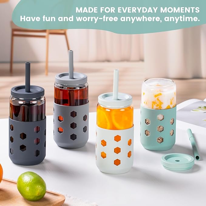 Glass Cups with Lids and Straws (4 Pcs), 16oz Drinking Glasses Set with Silicone Sleeves for Coffee Bar Accessories Iced Coffee Cups with Lids, Glass Tumbler Reusable for Gifts