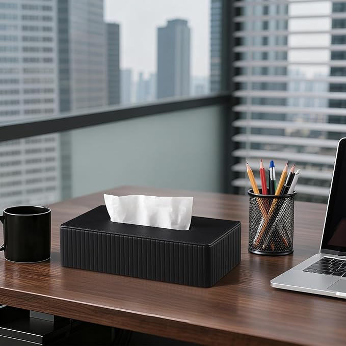 PU Leather Short Tissue Box Cover Rectangle, Small Tissue Box Holder with Magnetic Closure, Decorative Rectangular Tissue Holder for Bathroom Car Office (Black)