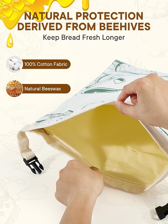 2 Pack Beeswax Bread Bags with Zipper Reusable Bread Storage Bags for Homemade Bread Sourdough Large Cotton Baguette Bag with Liner Freezer Storage Bag to Keep Fresh Kitchen Baking Supplies