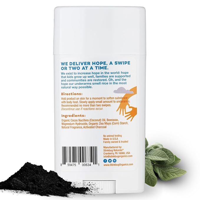 Stinkbug Naturals Organic Aluminum Free Deodorant Stick with Amber Sage, Coconut Oil and Activated Charcoal, Paraben Free, Sensitive Skin Deodorant, 2.1 Ounces Pack of 2