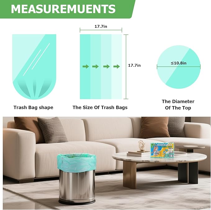 2.6 Gallon Small Trash Bags Bathroom - Green Mini Garbage Bags Biodegradable Compostable 100 Count 10 Liter Unscented Little Waste Basket Kitchen Office Car Tiny Liners Strong Thick Heihaily
