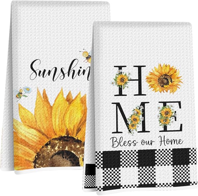 2Pcs Sunflower Kitchen Towels 24x14 Inch, Sunshine Bee Decor Hand Towels for Kitchen Farmhouse Decor, Durable Absorbent Dish Cloth Tea Towel, Sunflower Gifts for Women Mom Grandma, Bless Our Home