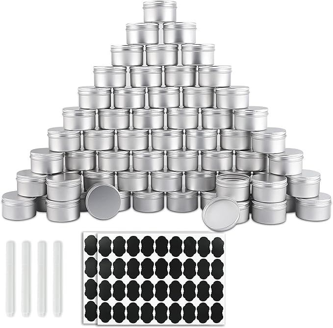64 Pack Round Cans with Screw Lid 4 Oz Aluminum Metal Tins DIY Food Candle Containers for Lotion Bars, Balms, Salve, Spices, Beard Balm, Crafts with 4 Markers 2 Sheets Label Stickers (Silver)