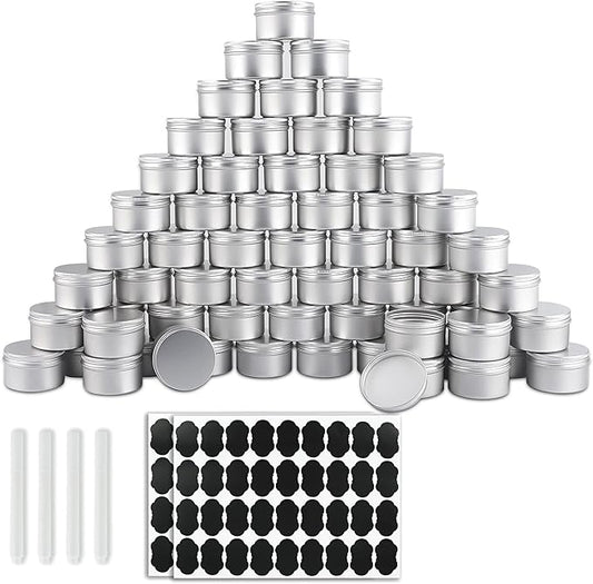 64 Pack Round Cans with Screw Lid 4 Oz Aluminum Metal Tins DIY Food Candle Containers for Lotion Bars, Balms, Salve, Spices, Beard Balm, Crafts with 4 Markers 2 Sheets Label Stickers (Silver)