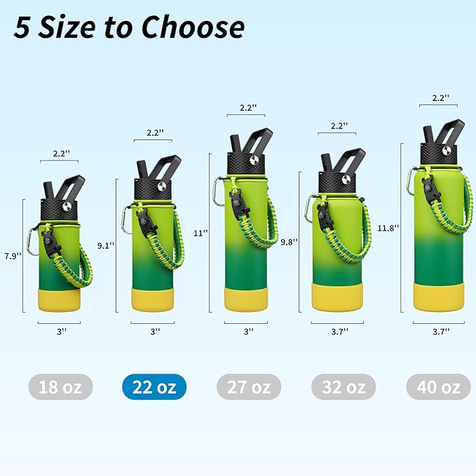BJPKPK Insulated Water Bottle with Straw Lid, 22oz Thermal Flasks Water Bottles with 3 Lids, Paracord Handle & Non-slip Boot, BPA Free Leak Proof Stainless Steel Tumblers,Bamboo Grove